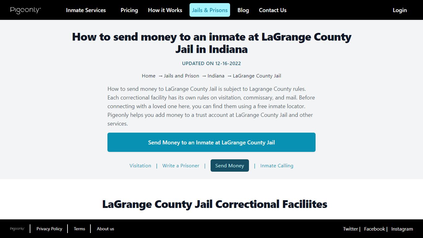 Send Money to Inmate LaGrange County Jail, Indiana | Pigeonly
